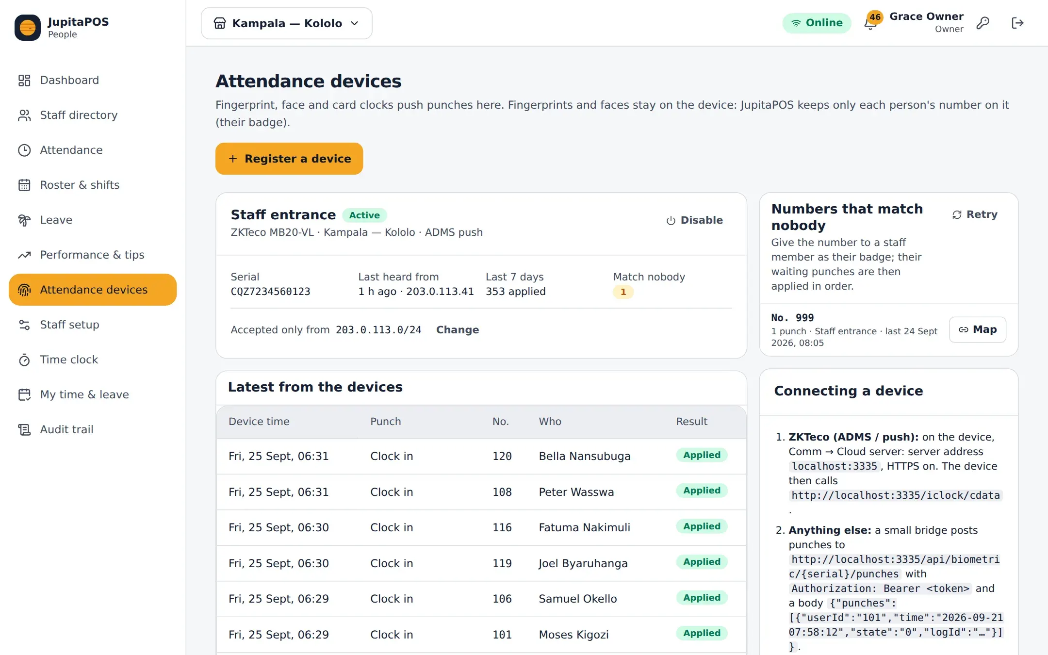 Attendance devices pushing clock-ins over the ZKTeco ADMS protocol