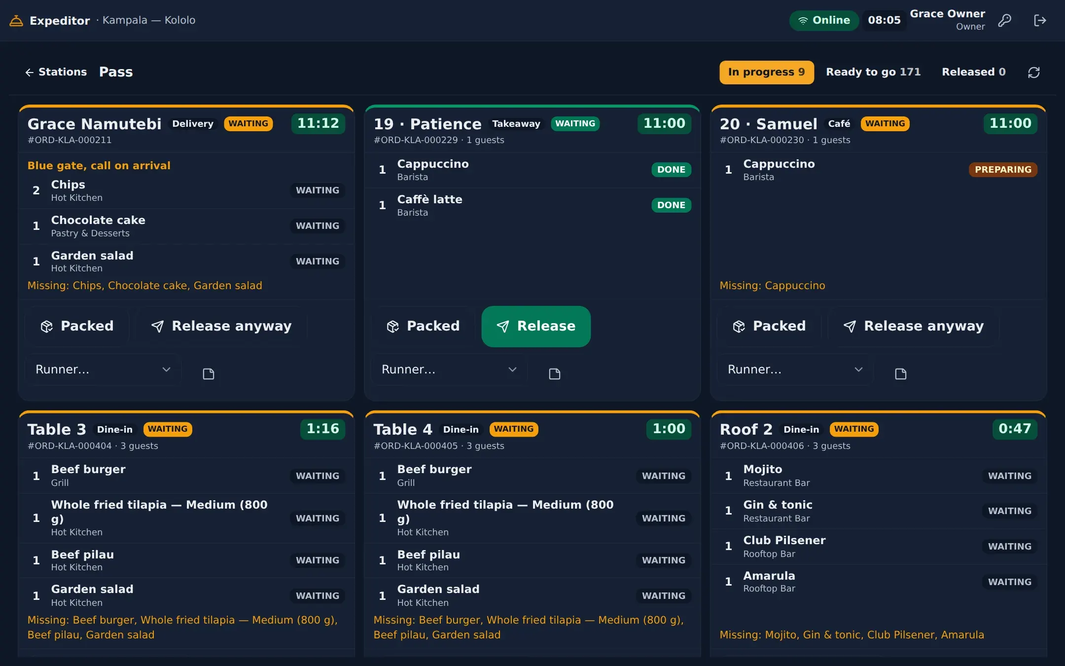 The pass: every order with each station's progress, ready to release