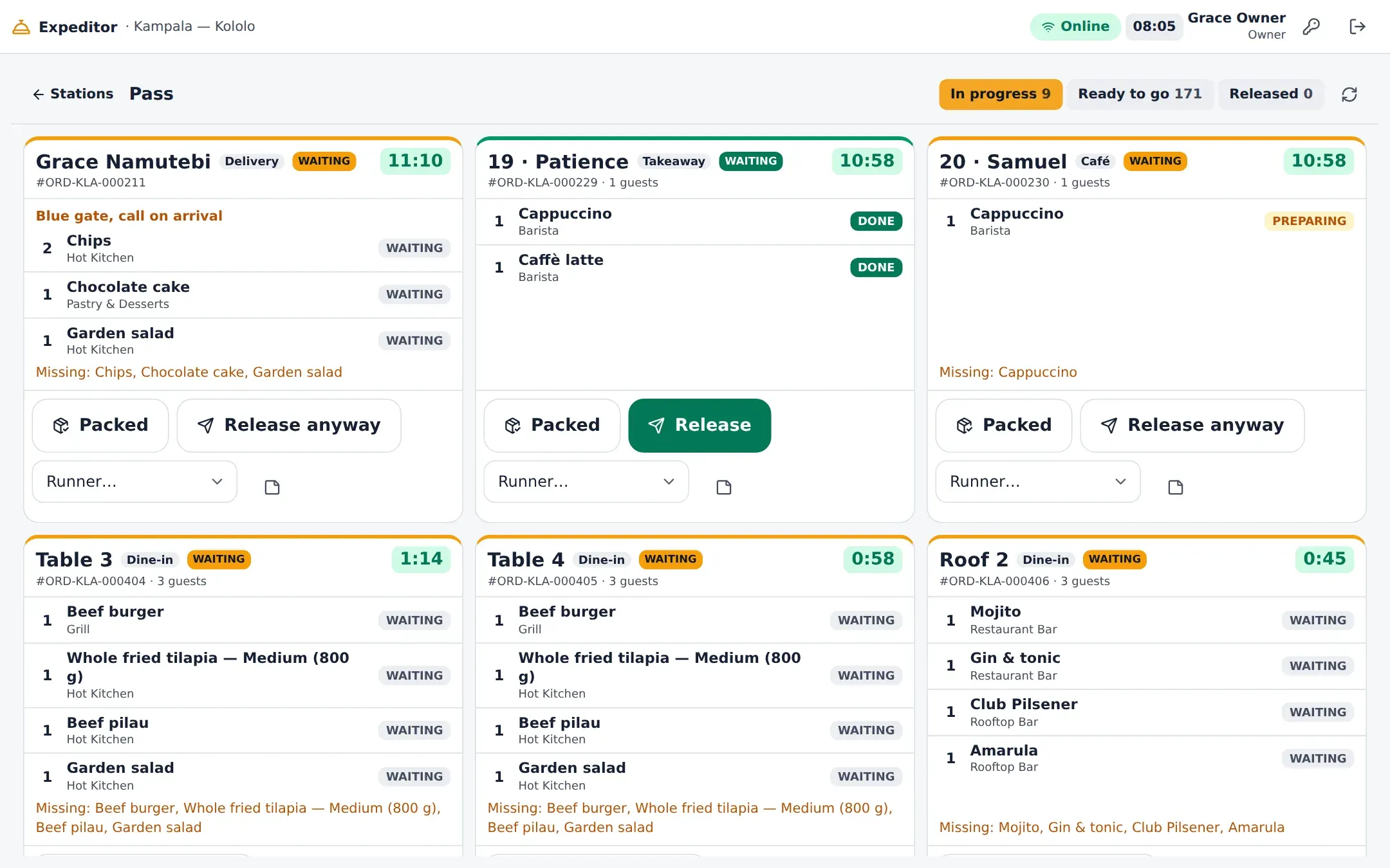 The pass: every order with each station's progress, ready to release