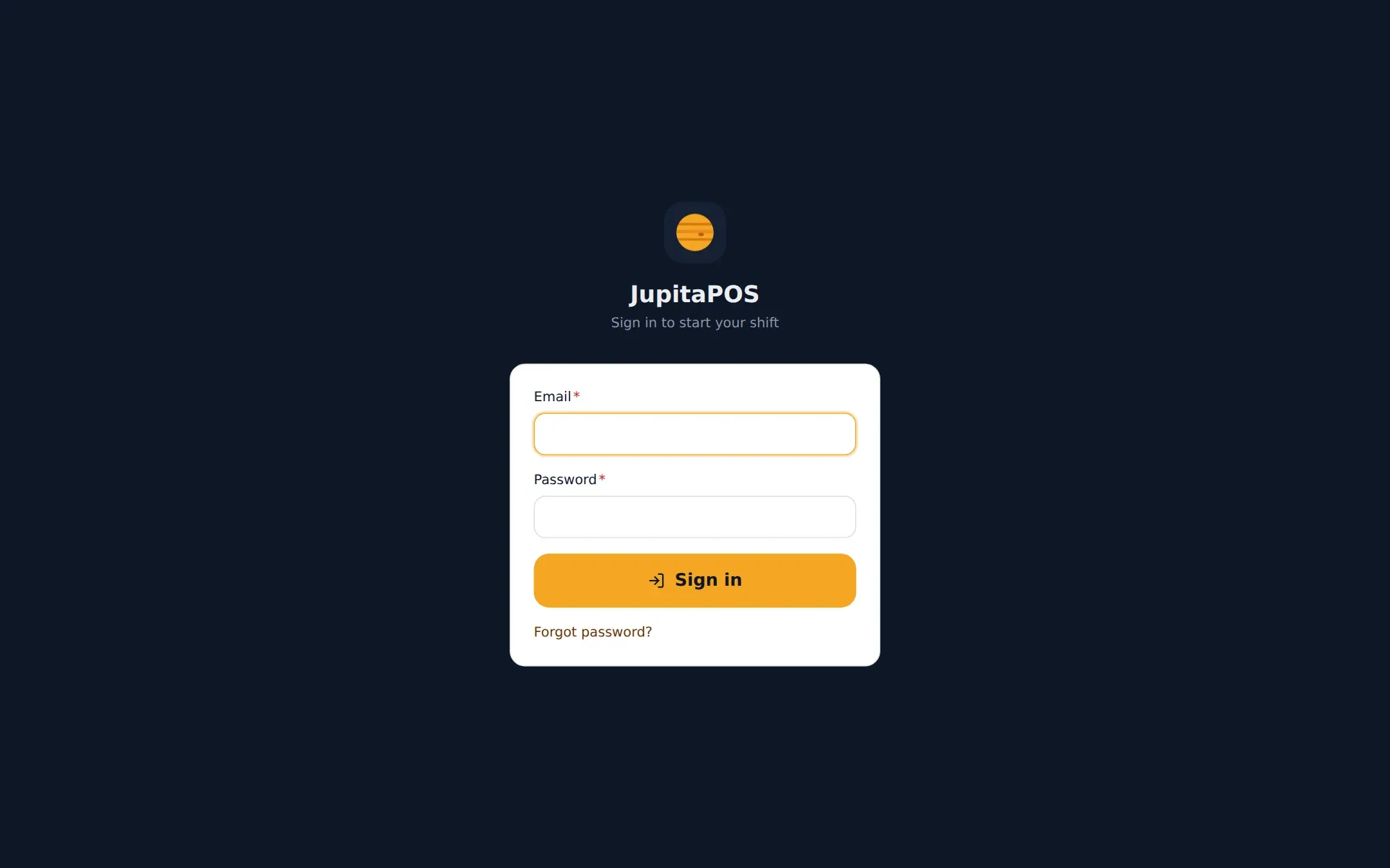 A client's own JupitaPOS sign-in page, at the business's own address