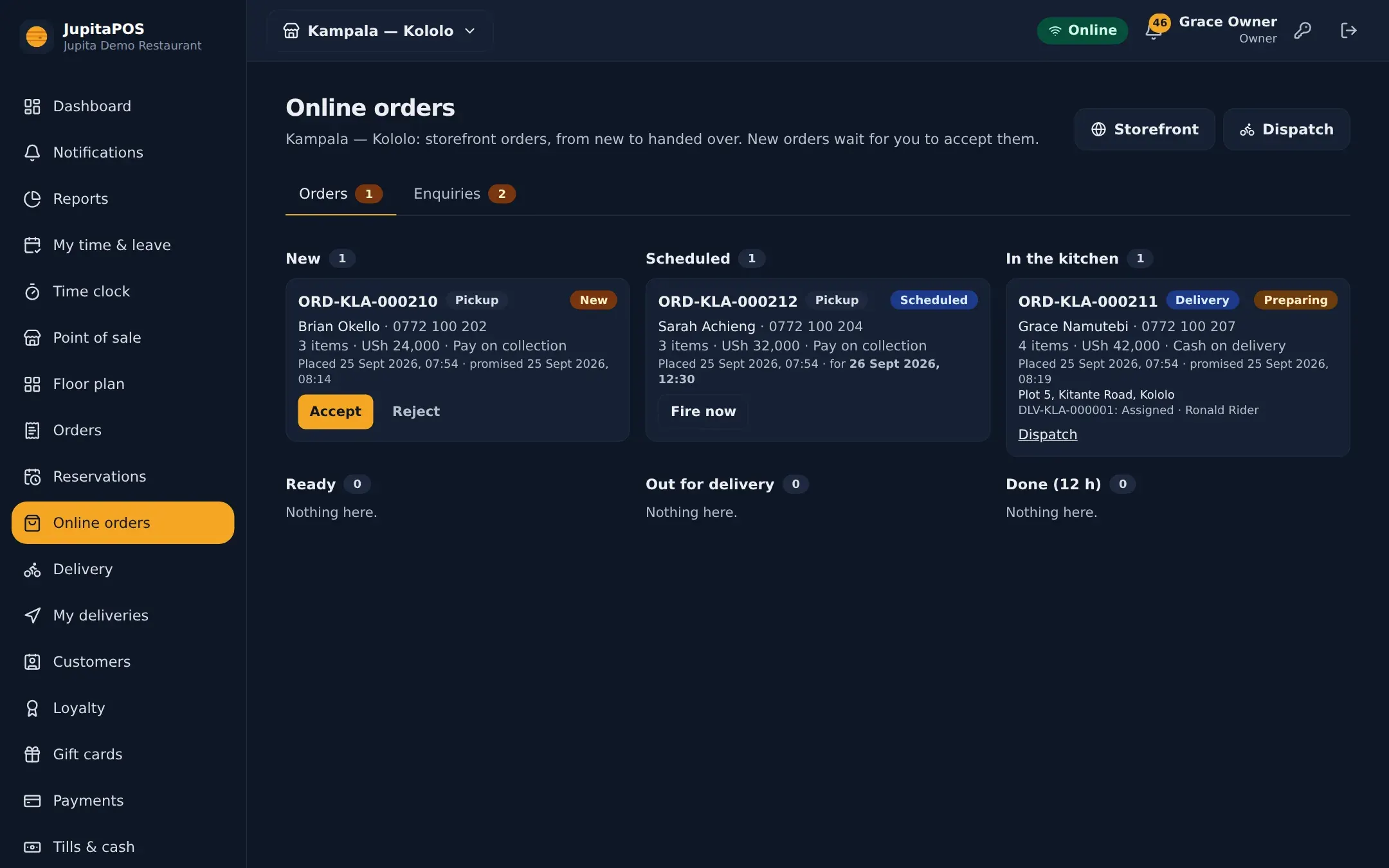 Online orders from the storefront, from new to handed over, with scheduled and table orders