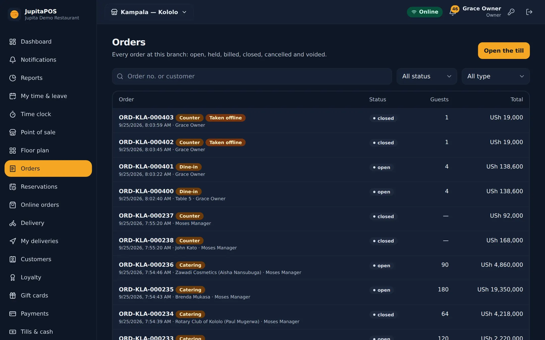 Every open, billed and closed order of the branch with its type, status and total