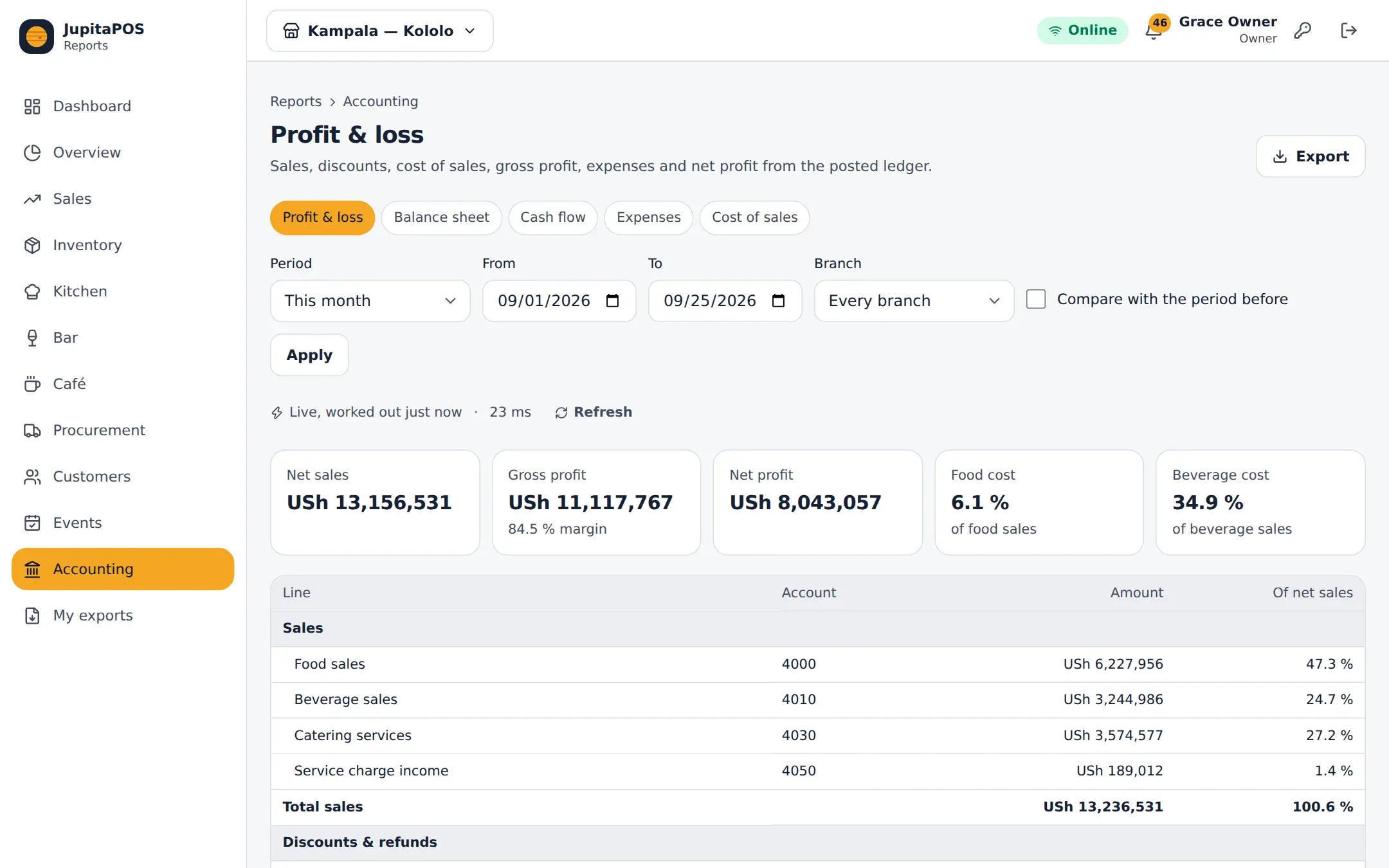 Profit and loss for the period from the posted ledger