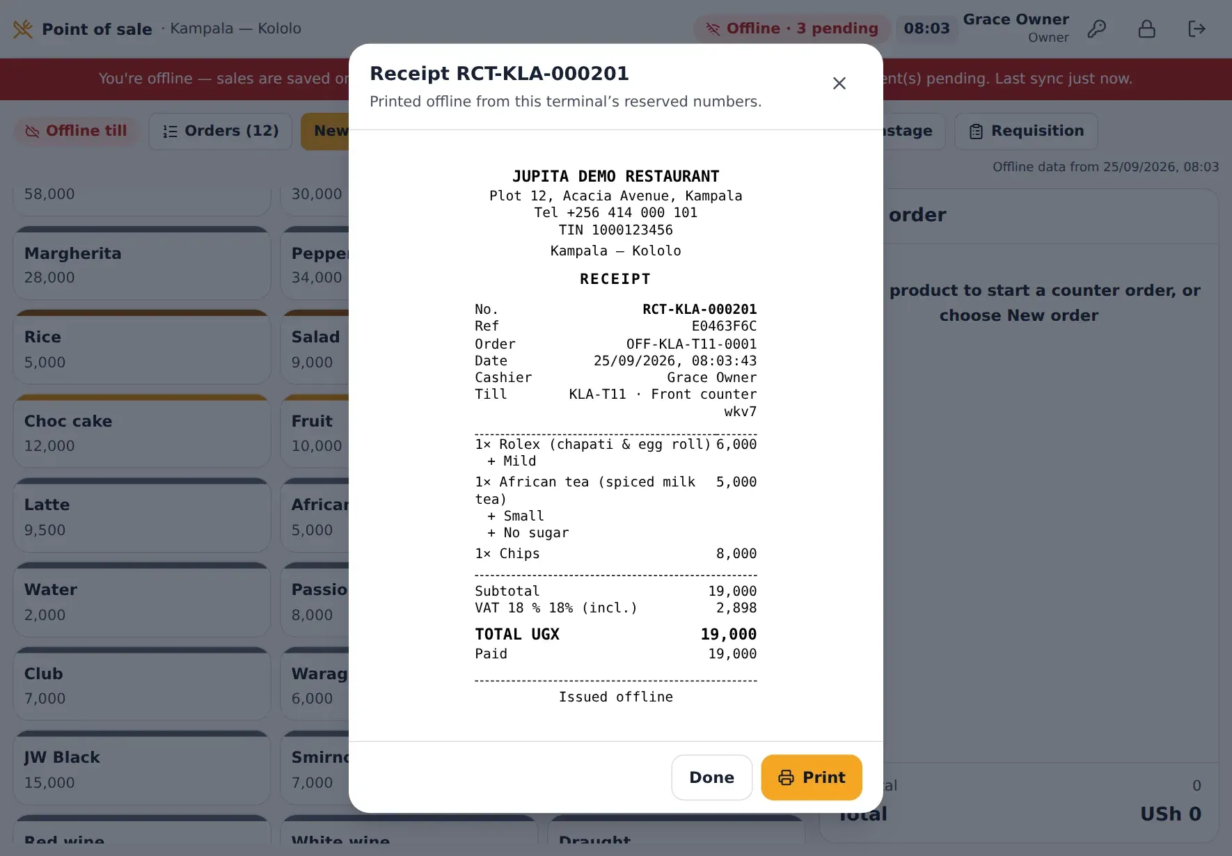 The till working offline: the status pill says Offline and the sale is kept on the device