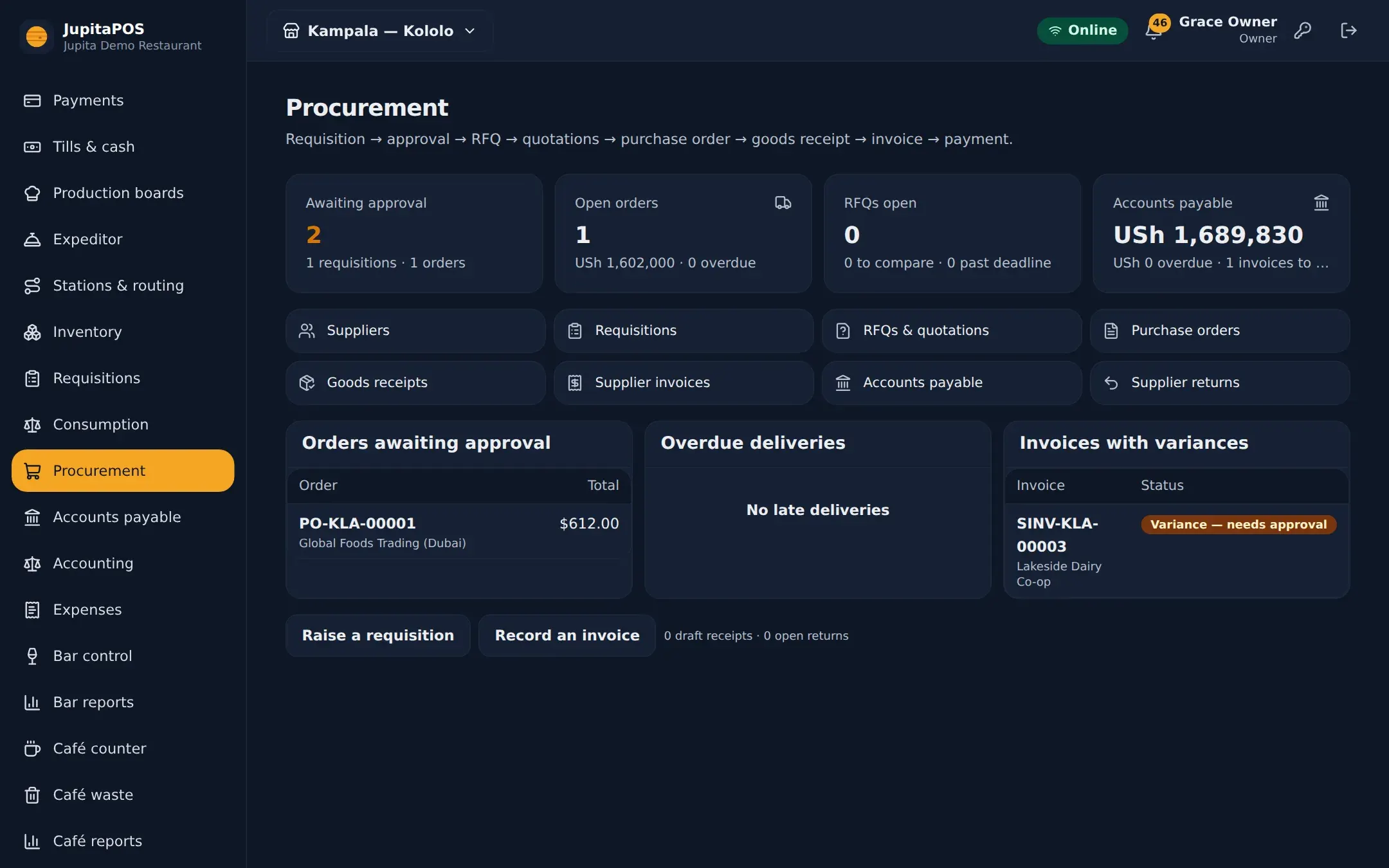 Procurement: approvals, open purchase orders, deliveries and invoices to match