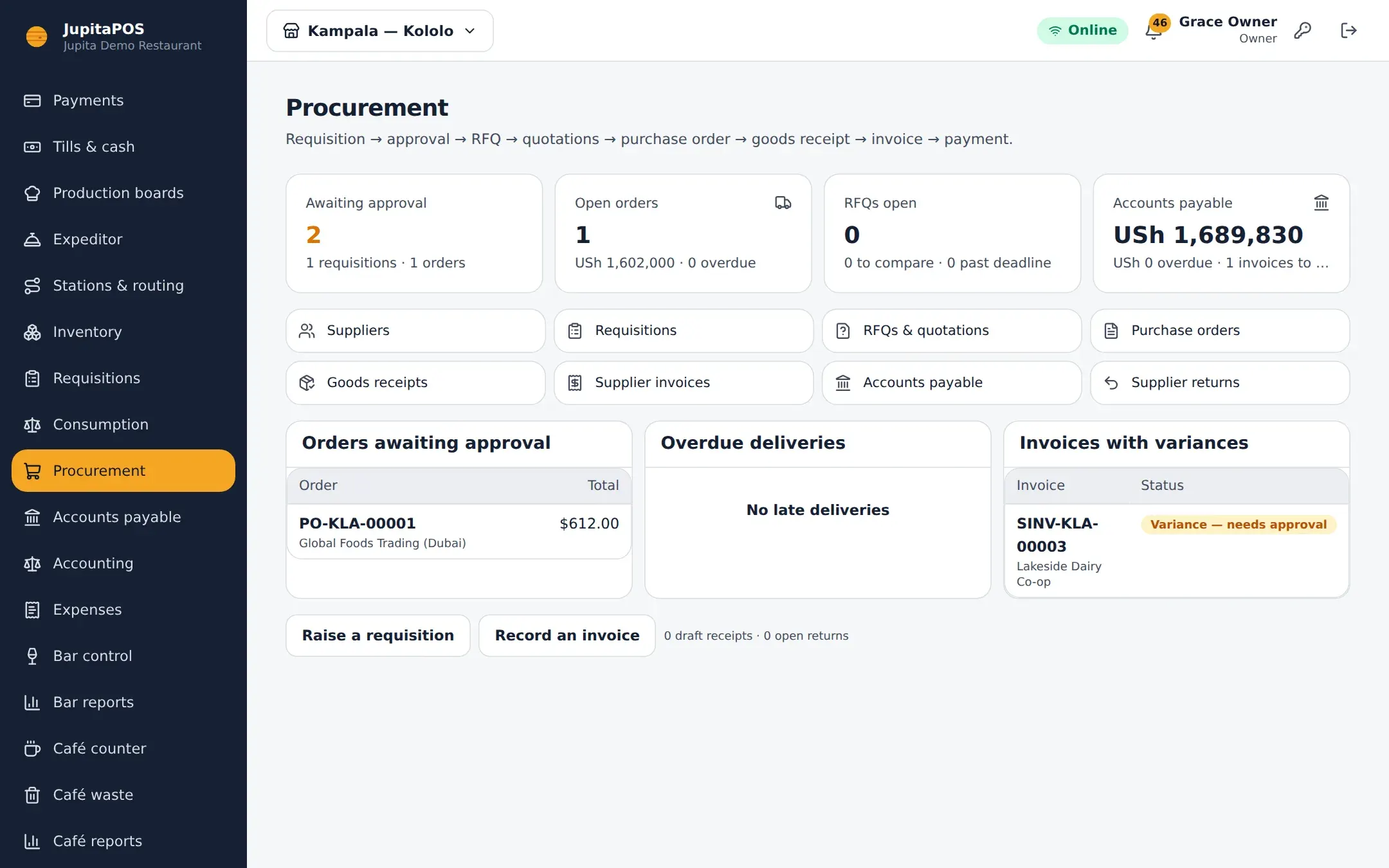 Procurement: approvals, open purchase orders, deliveries and invoices to match