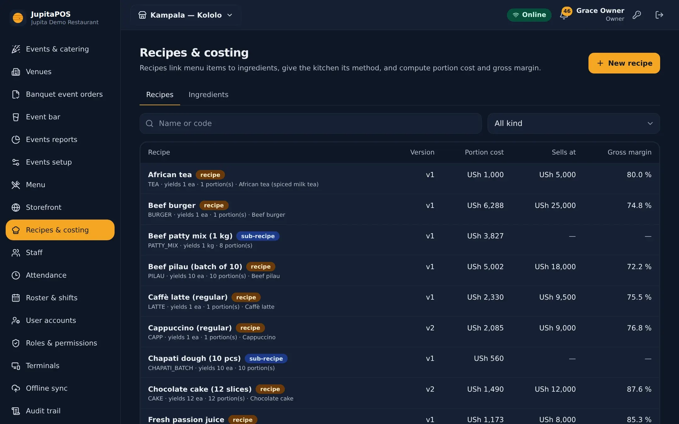 Recipes and costing: portion cost, selling price and gross margin of every dish