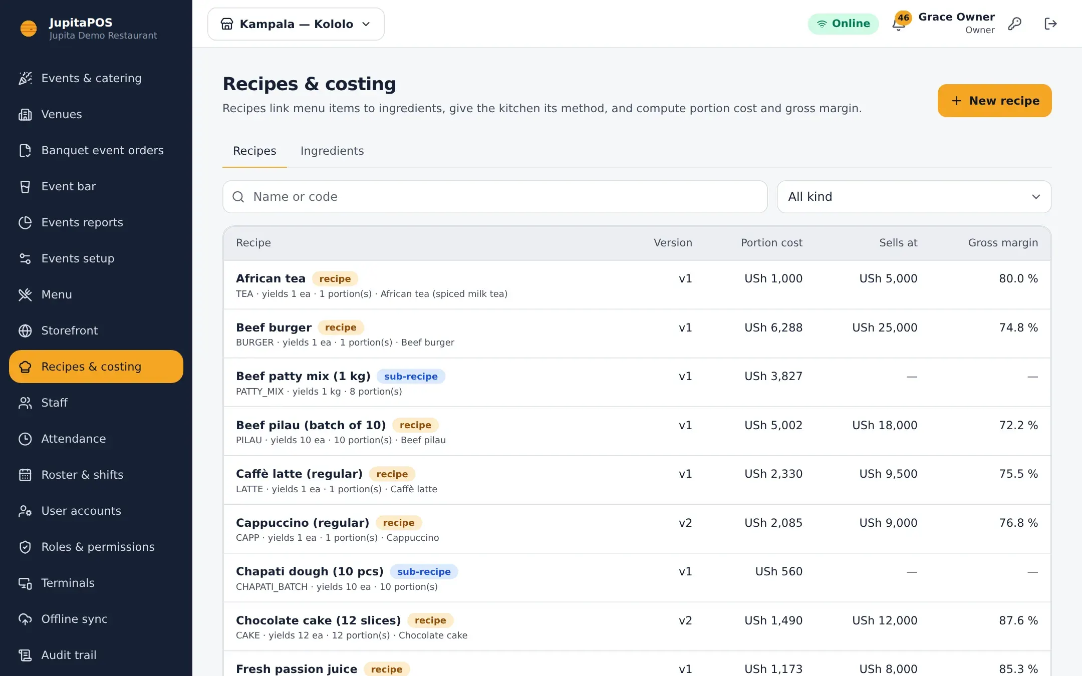 Recipes and costing: portion cost, selling price and gross margin of every dish