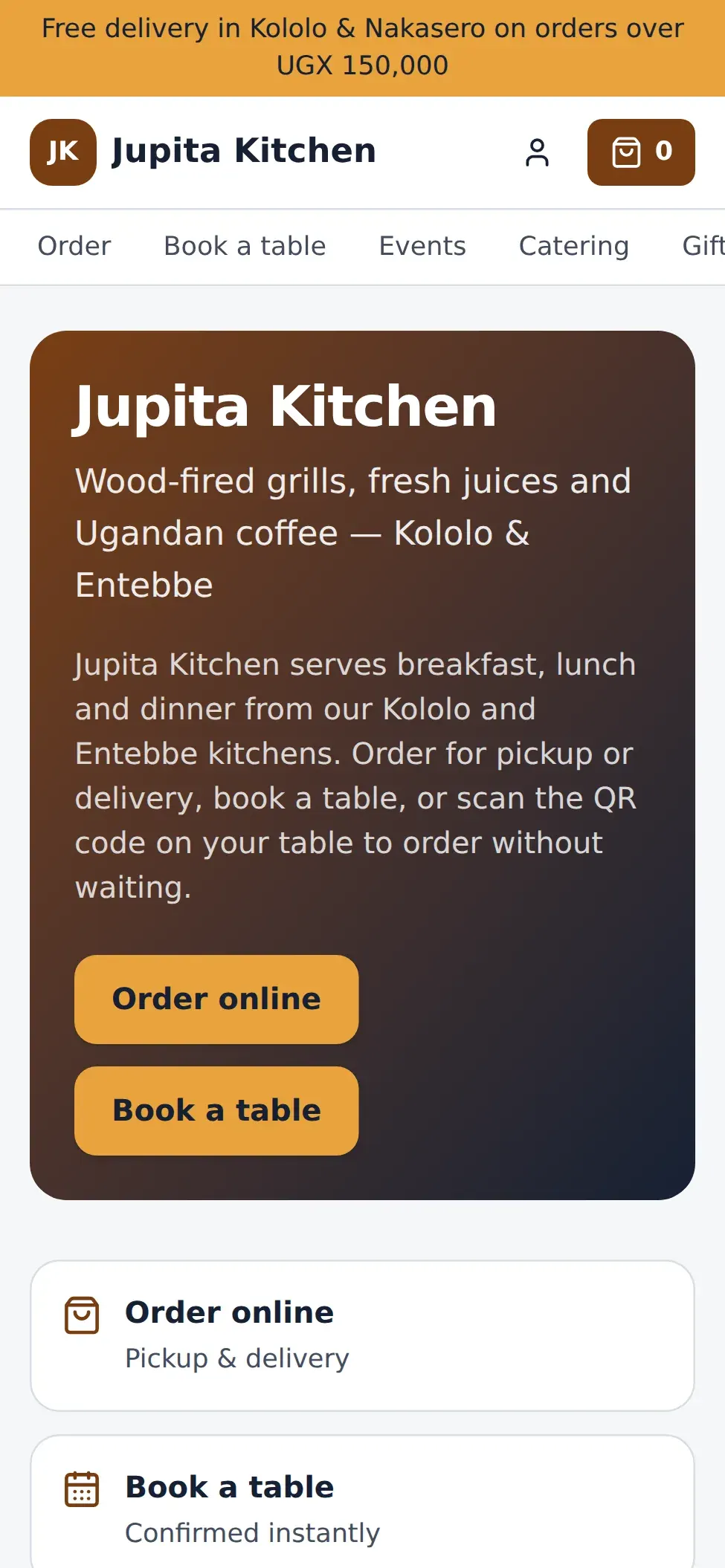 The ordering site on a phone: the restaurant's own brand, pickup, delivery and bookings