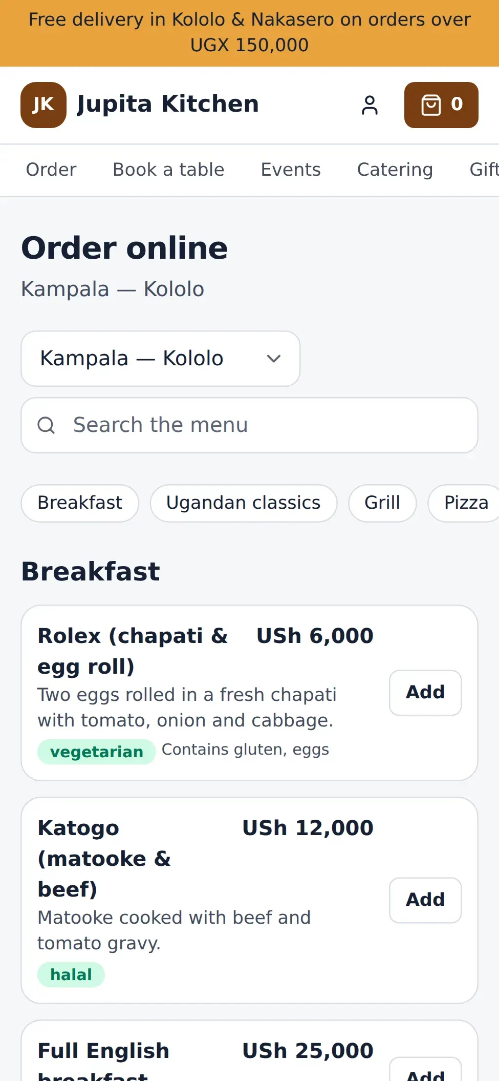The online menu on a phone, taken from the till's menu with the same prices