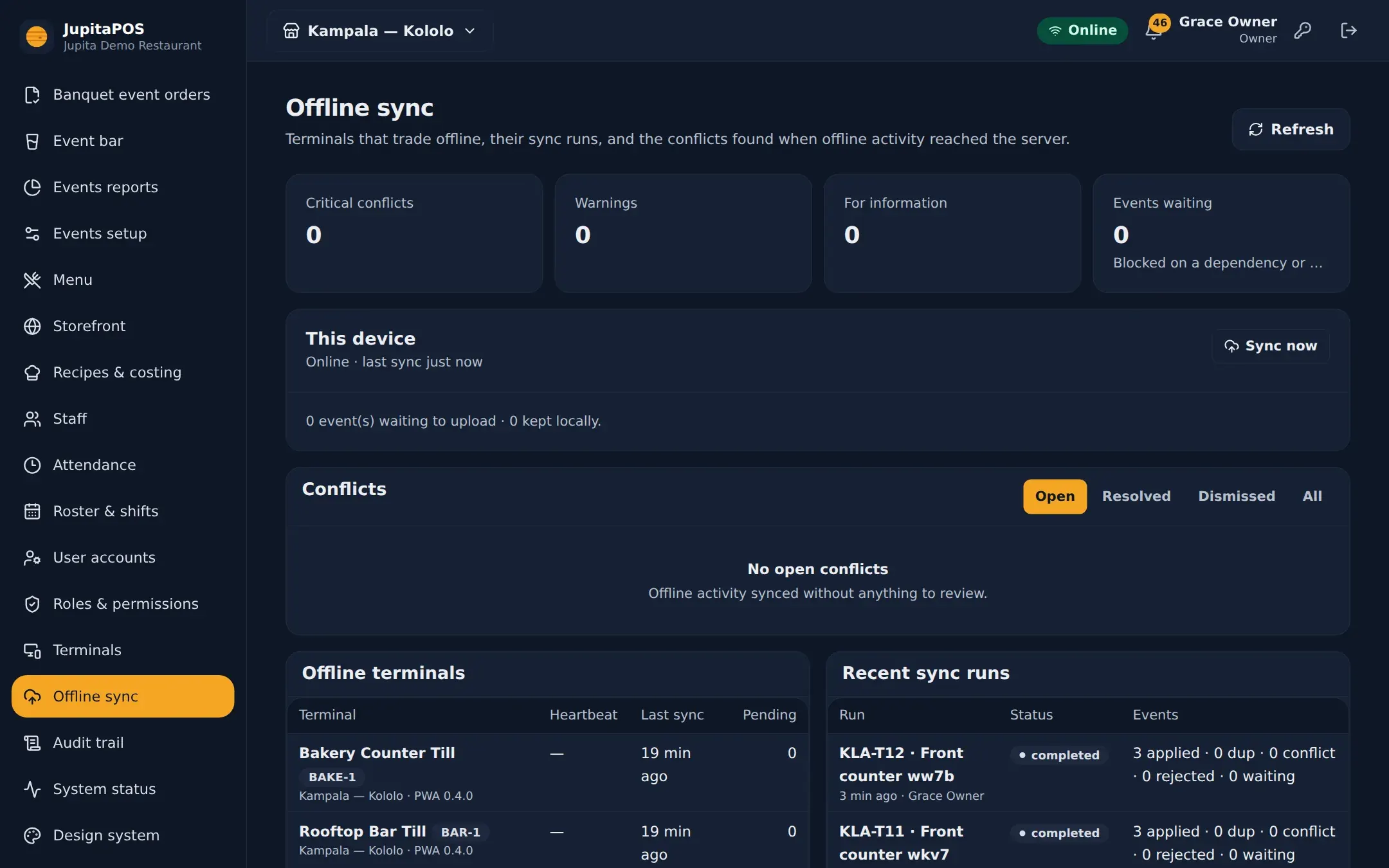 Offline sync: terminals, recent sync runs and any conflicts to resolve